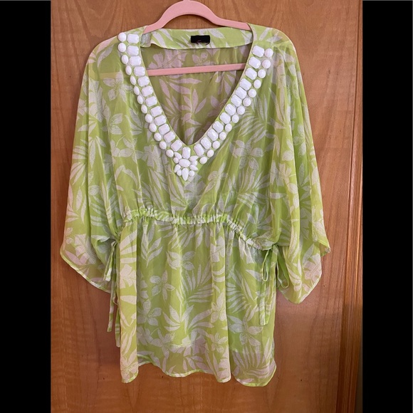 Tops - Beautiful bright green sheer blouse with white embellished neckline.
